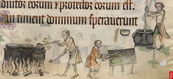 Cooks preparing food in the Luttrell Psalter (London, British Library, Add MS 42130, f. 207r).